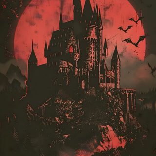 an image of a castle with bats in the sky and blood red moon behind it Dracula Halloween Dracula Vampire Illustration, Castle Dracula Art, Cute Vampire, dark slate gray