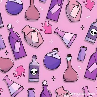 purple and pink bottles with skulls on them are all over the place, as well as hearts Halloween Potion Pink And Purple Halloween, Kawaii Cute Purple Halloween, Pastel Purple Halloween, plum