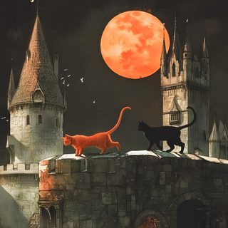 two cats are standing on top of a castle with a full moon in the background Vintage Halloween- Bobcats Castle Halloween Painting Aesthetic, Halloween Aesthetic Cat, Black Cat Halloween Aesthetic, dark slate gray