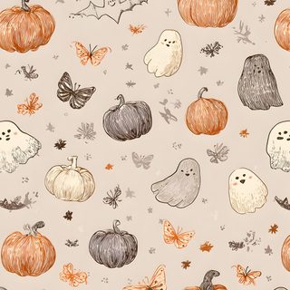 an orange and white halloween pattern with pumpkins, bats, and other decorations on a gray background Halloween Wallpaperiphone Ipad Aesthetic Halloween, Ipad Halloween Aesthetic, Aesthetic Halloween Ipad, gainsboro