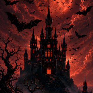 a castle with bats flying over it in front of a full moon and red sky Dark Halloween 4k black