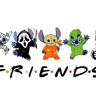the words friends are written in black and white, with cartoon characters on each side Stitch Halloween Laptop Stitch Halloween Drawing, Disney Sublimation Designs For Shirts, Stitch Horror Characters, white