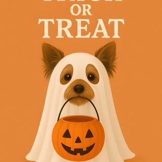 a dog wearing a ghost costume with a trick or treat in it's mouth Yorkie Halloween Cute Animal Drawings, Trick Or Treat, Animal Drawings, Cute Animals, Halloween, peru
