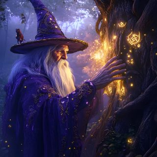 an old wizard holding out his hand in front of a tree with glowing lights on it Merlin Wizard Halloween Rainbow Purple Enchanted Wizard, Mystical Wizard Art, Mystical Wizards Magic, dark slate gray