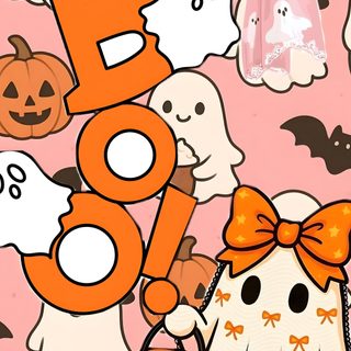 a halloween scene with ghostes, pumpkins and boobob's on it Cute Halloween Boo light pink