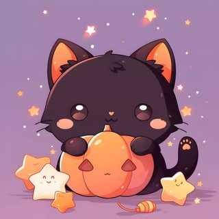 a black cat sitting on top of a pumpkin next to star shaped stars in the background Halloween Kawaii Cute Black Cat This Is Halloween, Cute Kawaii Halloween, Halloween Kawaii,