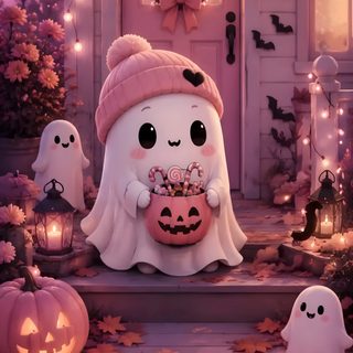 a cute little ghost holding a pumpkin in front of a house decorated with halloween decorations Halloween Cellphone sienna