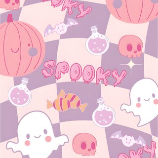 a pink and purple checkered background with ghost, pumpkins, and other items Pink And Purple Halloween Halloween Iphone Backgrounds, Halloween Backgrounds, Halloween Cute,