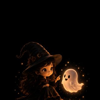 Cute witch girl sitting beside a glowing happy ghost with magical sparkles on a dark fantasy background. Halloween Cute Girl Wiccan, Halloween Cute, Witch Girl, Creepy Dolls, Halloween, Anime Scenery, black