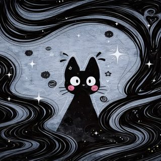 a black cat with stars and swirls in the background Desktop Black Cat Halloween Notion Widgets Aesthetic, Laptop For Kids, Black And White Ipad Landscape,
