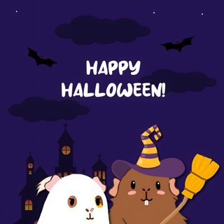 two hamsters dressed up in halloween costumes, one holding a broom and the other wearing a witch's hat Halloween Guinea Pig Halloween Guinea Pig, Fall Guinea Pig Art, Festive Guinea Pig Illustration, midnight blue