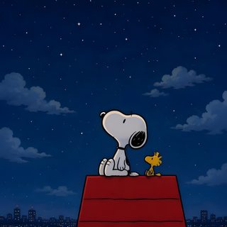 a cartoon dog sitting on top of a roof at night Snoopy Halloween 4k black