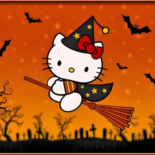 hello kitty flying on a broom with bats and pumpkins in the background at night Cute Hello Kitty Halloween Gif Hello Kitty Halloween Ipad, Fall Hello Kitty Laptop, Halloween Hello Kitty Laptop, chocolate