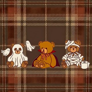 two teddy bears sitting in the pocket of a plaid blanket with ghostes on it Halloween Bear Iphone Seasons Art, Holiday, Funny Profile Pictures, Cute Backgrounds, Drawings, saddle brown