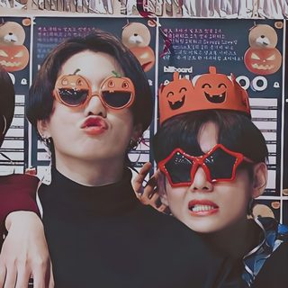two people wearing sunglasses and hats standing next to each other with fake faces on them Bts Halloween Jungkook And V Matching Pfp, Bts V Funny Pic, V Jungkook, Tae Kook Matching Pfp, dark slate gray