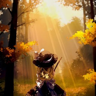 a woman in a hat and dress walking through the woods Touhou Halloween Anime Scenery Banner, Anime Nature Discord Banner, Anime Nature Banner, saddle brown