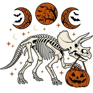an animal skeleton holding a pumpkin in front of three phases of the moon and stars Halloween Dinosaur Aesthetic white