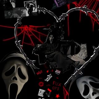 a collage of photos with masks on them and red lights in the background, Cool Halloween Iphone Ghostface Ghost Face Ghostface Aesthetic, Really Cool Backgrounds, Bulls, black