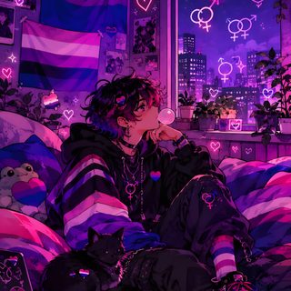 a person sitting on a bed in front of a window with purple lights and teddy bears Halloween Pride Bu, Genderfluid And Bisexual, Bi Lockscreen, Lgbtq Aesthetic Art, Bi Boy, midnight blue