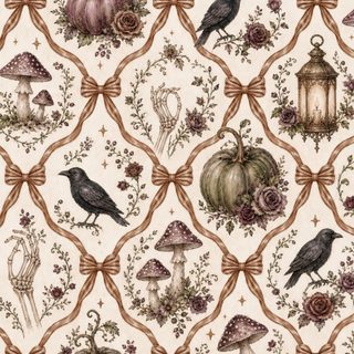 an image of a wallpaper pattern with birds and mushrooms on the background, including pumpkins Halloween Celtic Tiles Custom wheat