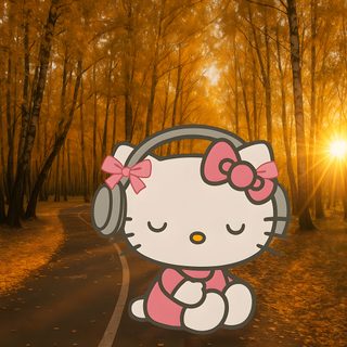 hello kitty with headphones sitting in the middle of a road surrounded by trees and leaves Hello Kitty Halloween Ipad Fall Hello Kitty, Hello Kitty, Autumn Hello Kitty, saddle brown