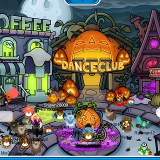 a computer screen shot of the game danceclub, which features many different characters Club Penguin Halloween Club Penguin Halloween, Club Penguin Halloween Igloo, Halloween Club Penguin, dim gray