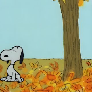 a painting of a dog sitting under a tree in the fall with leaves on it Snoopy Halloween Gif Live Dog, Live Snoopy, Moving Macbook, Cute Fall Computer, Fall Gifs, light steel blue