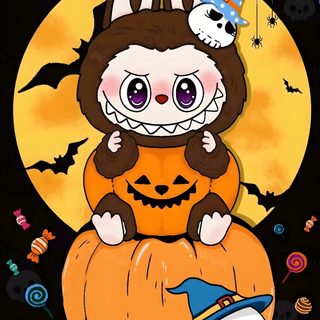 a cartoon character sitting on top of a pumpkin Halloween Labubu Labubu Drawing, Labubu Halloween Costume Diy, Halloween Labubu Background, saddle brown