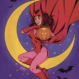 a woman flying through the air on top of a crescent moon with a pumpkin in her hand Halloween Wanda Marvel Halloween Art, Halloween Scarlet Witch, Scarlet Witch Comic Poster, dark slate blue
