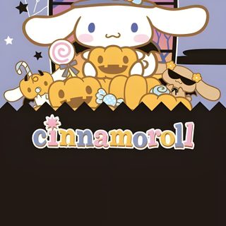 a cartoon character holding two stuffed animals in front of a window with bats and spider webs Happy Halloween Cinnamoroll Halloween Cinnamoroll Fall, Sanrio Halloween, Cinnamoroll Sanrio Halloween, black