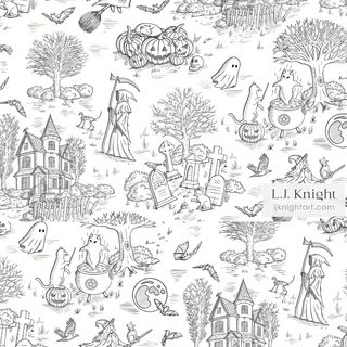 a black and white halloween themed wallpaper with lots of pumpkins, ghostes, witches Halloween Toile Halloween Toile, Annual Halloween Party, Toile Pattern, Dark Paintings, Card Sentiments, snow