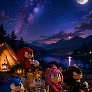 some cartoon characters are sitting on a blanket under the night sky Halloween Sonic midnight blue