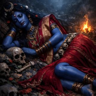 a woman with blue skin and red dress laying on the ground next to a skull Halloween Kali 2 Kali Hd, Maa Tara Devi, Dark Krishna, Durga Ji, Indian Goddess Kali, Kali Ma, black