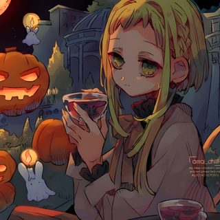 a girl with blonde hair holding a glass of wine in front of halloween pumpkins Tbhk Halloween Tbhk Halloween Pfp, Tbhk Halloween, Halloween Tbhk Pfp, dark slate gray