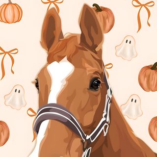a brown horse wearing a bridle with pumpkins on it's back Cute Halloween Horse Horse For Ipad, Horse Fall Backgrounds, Cute Horse For Ipad, blanched almond