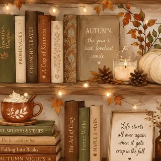 a shelf filled with lots of books covered in fall leaves and pumpkins next to candles Halloween Bookshelf Iphone Iphone Book Aesthetic, Cute Fall Vibes, Autumn Designs, sienna