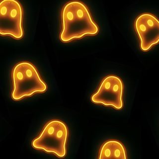 glowing halloween ghost faces are shown in this dark background with orange lights and black squares Windows 11 Halloween Diy Halloween Party Ideas, Glowing Ghost Design, Halloween Neon Decor, black
