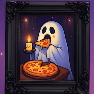a painting of a ghost holding a slice of pizza with a lit candle in front of it Halloween Pizza Cartoon Pizza Ghost Drawing On Green Background, Cute Ghost Eating Pizza, Ghost With Food, dark slate gray