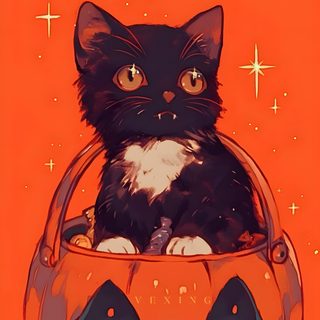 a black and white cat sitting in a pumpkin bucket Anime Cat Halloween Halloween Cat Aesthetic, Pumpkin Cat, Cat Halloween, Halloween Cat Lockscreen, chocolate