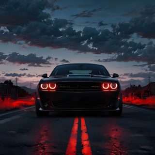a car driving down the road at night with red lights on it's headlights Halloween Car 4k Dodge Challenger, Challenger Iphone, Dodge Challenger Hellcat, Hellcat Redeye 4k, black