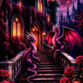 a purple dragon sitting on top of a set of stairs in front of a castle Halloween Dragon Gothic Castle Background 4k, Castle And Dragon Hd, Dragon With Castle Background, black
