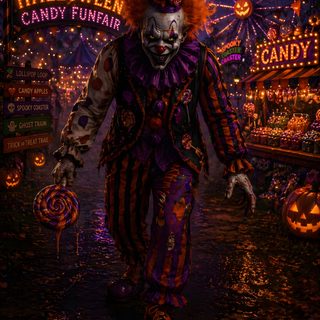 a creepy clown is walking down the street in front of a carnival sign and ferris wheel Clown Halloween Dark Circus, Creepy Clown, Scary Clowns, Photo, Halloween Art, Halloween, black