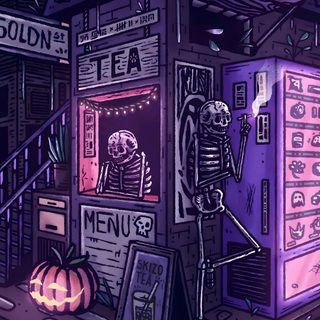 a drawing of a skeleton in front of a tea kiosk Vaporwave Halloween Phone Spooky Aesthetic, Edgy Halloween, Spooky Gif, midnight blue