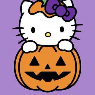 hello kitty sitting on top of a jack - o'- lantern with a purple background Purple Hello Kitty Halloween Cute Halloween Card Inspiration, Halloween Hello Kitty Design, Halloween Party Decoration Ideas,