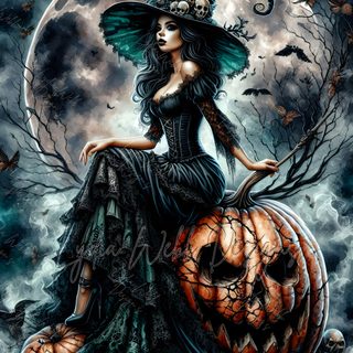 a woman sitting on top of a pumpkin in front of a full moon with skulls Gothic Halloween Witch Medieval Halloween, Halloween Witches, Anne Stokes Art, Witch Pictures, dark slate gray