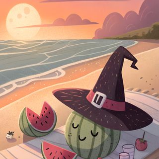 a watermelon with a witch's hat sitting on a towel at the beach Halloween Summerween Cute Summerween, Spooky Summer Background, Summer Ween, Halloween Summer, rosy brown