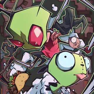 an image of a cartoon character surrounded by food and other things in the background, Invader Zim Halloween Invader Zim Official Art, Invader Zim Computer, Invader Zim Bg, dim gray