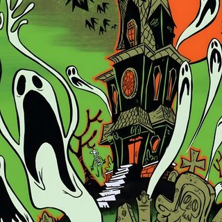 an image of halloween scene with ghost and graveyard Beistle Halloween Vintage Cartoon Halloween, Retro Halloween Background, Vintage Spooky Posters, olive drab