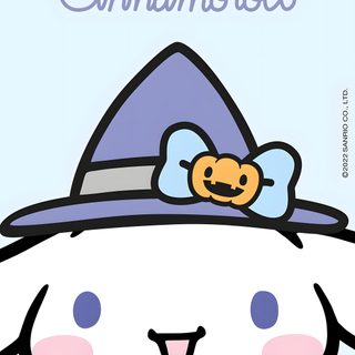 an animal with a hat on it's head and pumpkin in front of the caption Cinnamoroll Halloween Halloween Sanrio Desktop, Cinnamon Roll Sanrio Halloween, Cinnamon Roll Hello Kitty Halloween, alice blue