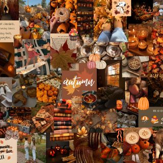 a collage of pictures with pumpkins and other items Autumn Aesthetic Halloween Collage Fall Aesthetic Computer, Cute Fall Collage Laptop, Aesthetic Fall Desktop, saddle brown